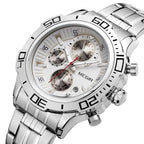 MEGIR 2019 men's chronograph watch, silver case with white dial and stainless steel bracelet, front angle view