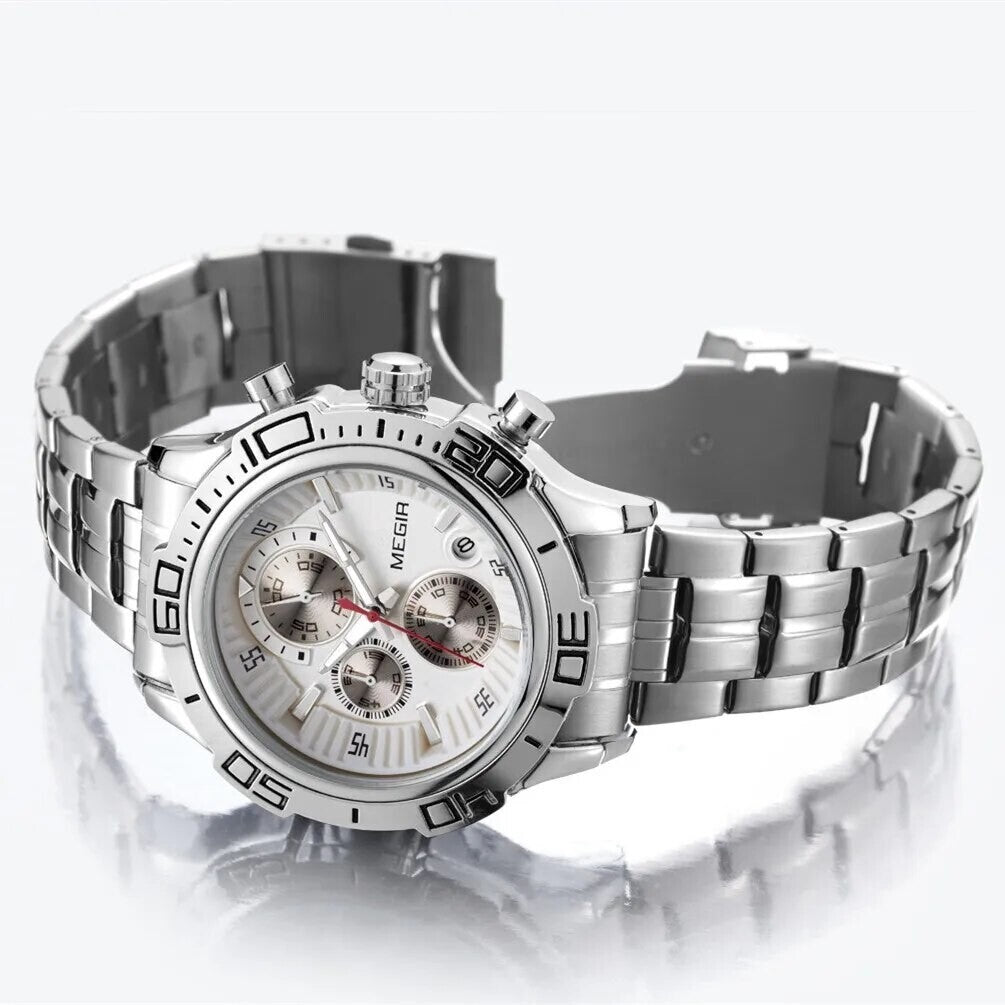 MEGIR 2019 men's chronograph watch, silver case with white dial and stainless steel bracelet, side angle view