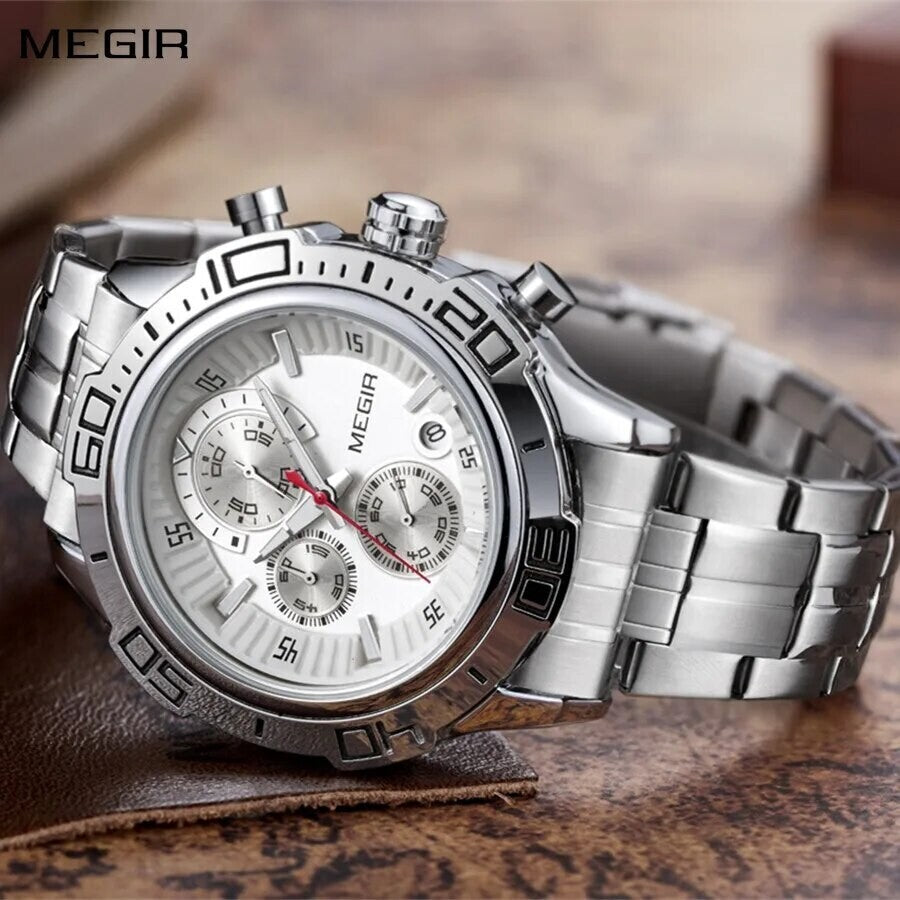 MEGIR 2019 men's chronograph watch, silver case with white dial and stainless steel bracelet, angled view