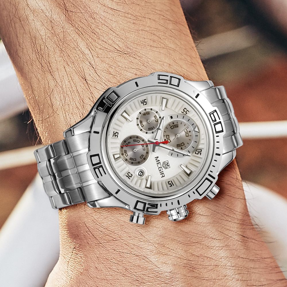 MEGIR 2019 men's chronograph watch on the wrist, silver case with white dial and stainless steel bracelet