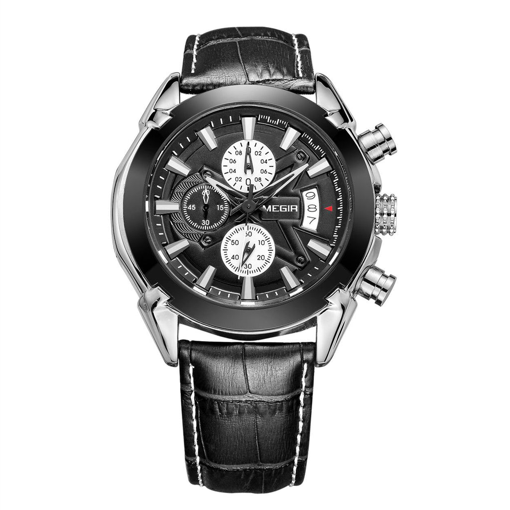 MEGIR 2020 men's chronograph watch, silver case with black dial and black leather strap, front view