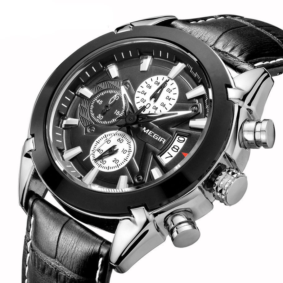 MEGIR 2020 men's chronograph watch, silver case with white dial and black leather strap, angled view