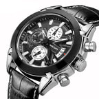 MEGIR 2020 men's chronograph watch, silver case with white dial and black leather strap, angled view