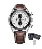 MEGIR 2020 men's chronograph watch, silver case with white dial and brown leather strap, with gift box