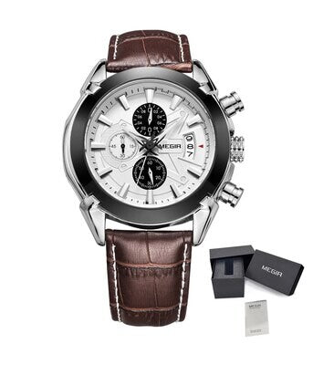 MEGIR 2020 men's chronograph watch, silver case with white dial and brown leather strap, with gift box