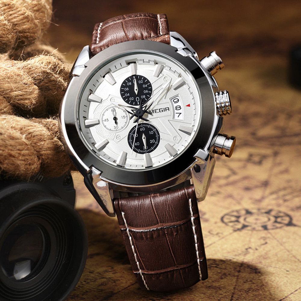 MEGIR 2020 men's chronograph watch, silver case with white dial and brown leather strap, angled view