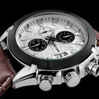 MEGIR 2020 men's chronograph watch dial close-up, white dial with three sub-dials and date window
