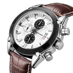 MEGIR 2020 men's chronograph watch, silver case with white dial and brown leather strap, three-quarter view