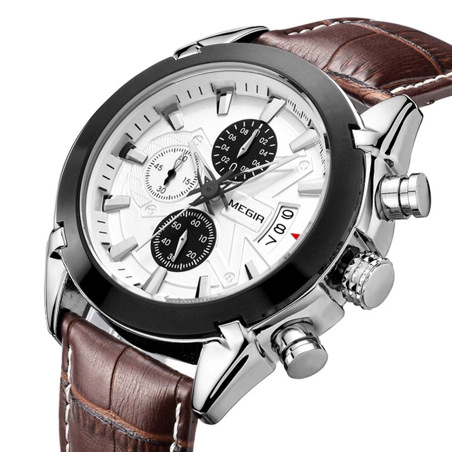 MEGIR 2020 men's chronograph watch, silver case with white dial and brown leather strap, three-quarter view
