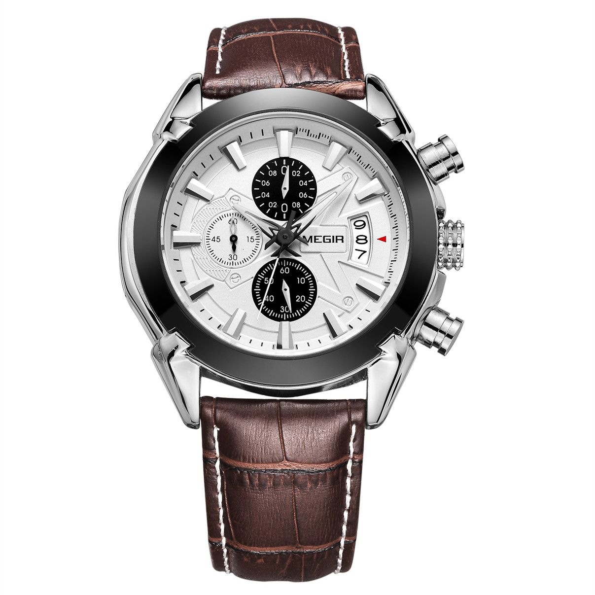 MEGIR 2020 men's chronograph watch, silver case with white dial and brown leather strap, front view