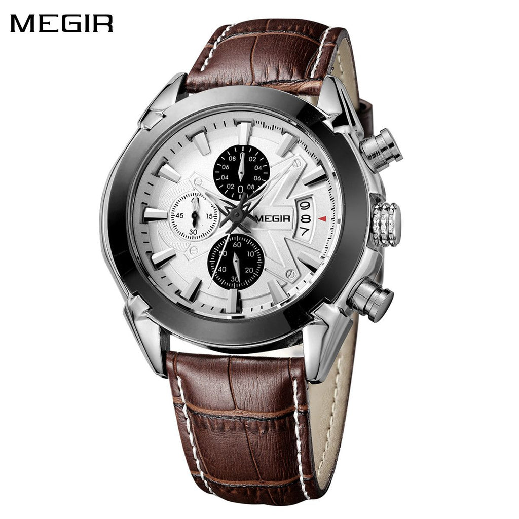 MEGIR 2020 men's chronograph watch, silver case with white dial and brown leather strap, front studio view
