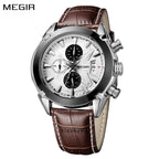 MEGIR 2020 men's chronograph watch, silver case with white dial and brown leather strap, front studio view
