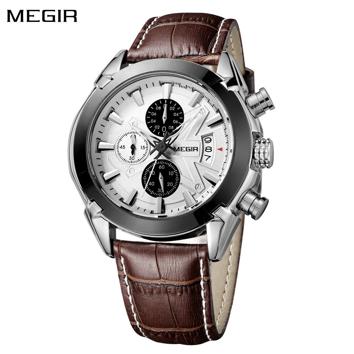 MEGIR 2020 men's chronograph watch, silver case with white dial and brown leather strap, front studio view