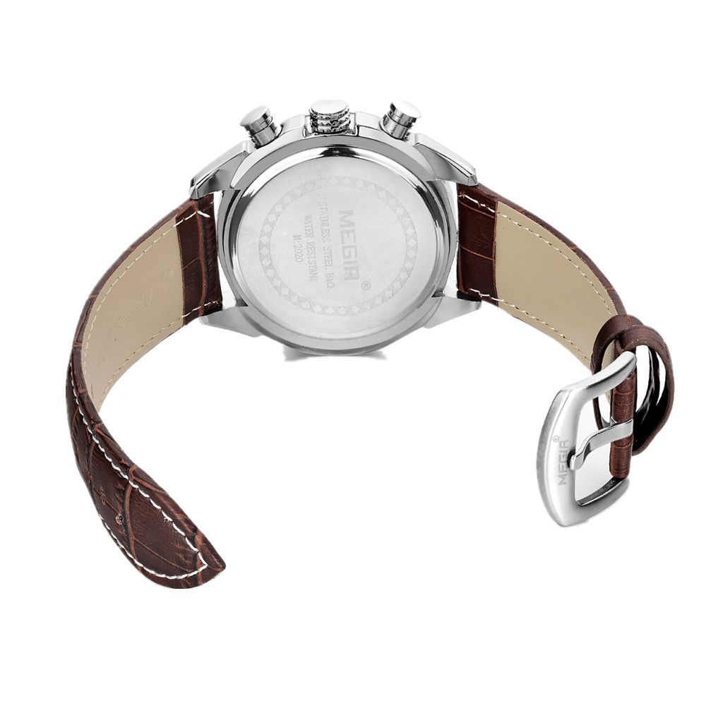 MEGIR 2020 men's chronograph watch caseback and brown leather strap with silver buckle
