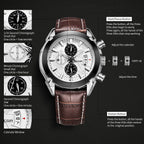 MEGIR 2020 men's chronograph watch operation graphic showing the sub-dials, calendar window and buttons
