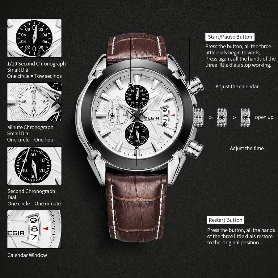 MEGIR 2020 men's chronograph watch operation graphic showing the sub-dials, calendar window and buttons