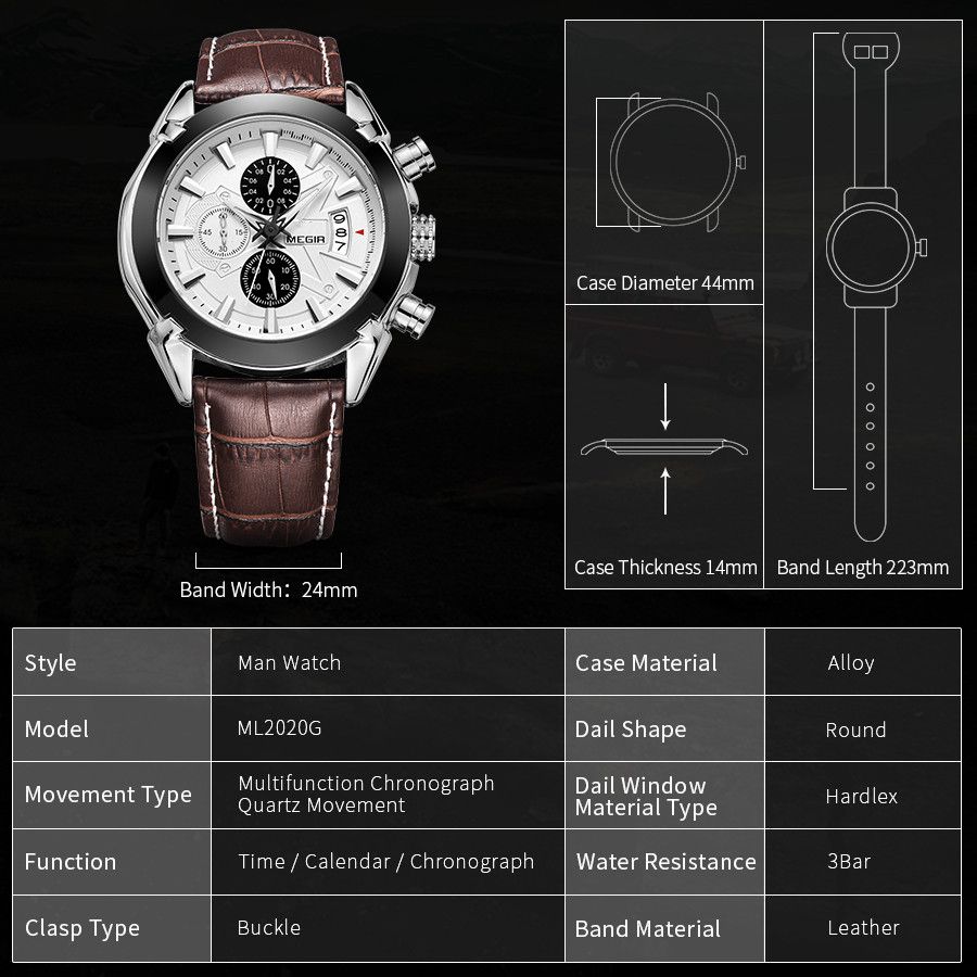 MEGIR 2020 men's chronograph watch parameters graphic with case diameter, thickness and band length