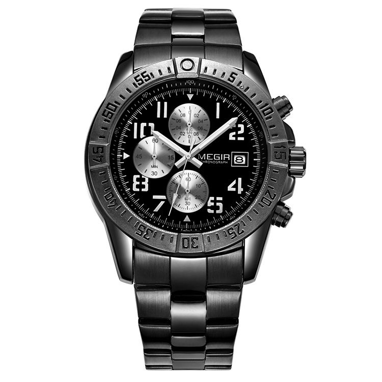 MEGIR 2030 men's chronograph watch, all-black case with black dial and stainless steel bracelet, front view