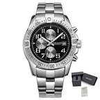 MEGIR 2030 men's chronograph watch, silver case with black dial and stainless steel bracelet, with gift box