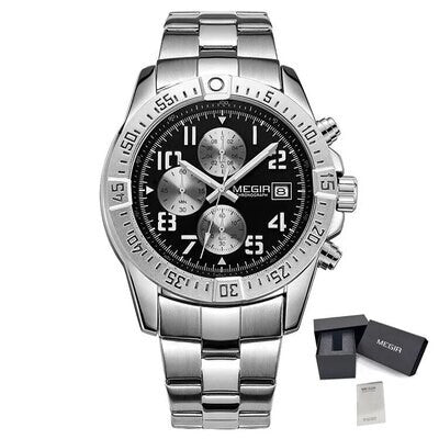 MEGIR 2030 men's chronograph watch, silver case with black dial and stainless steel bracelet, with gift box