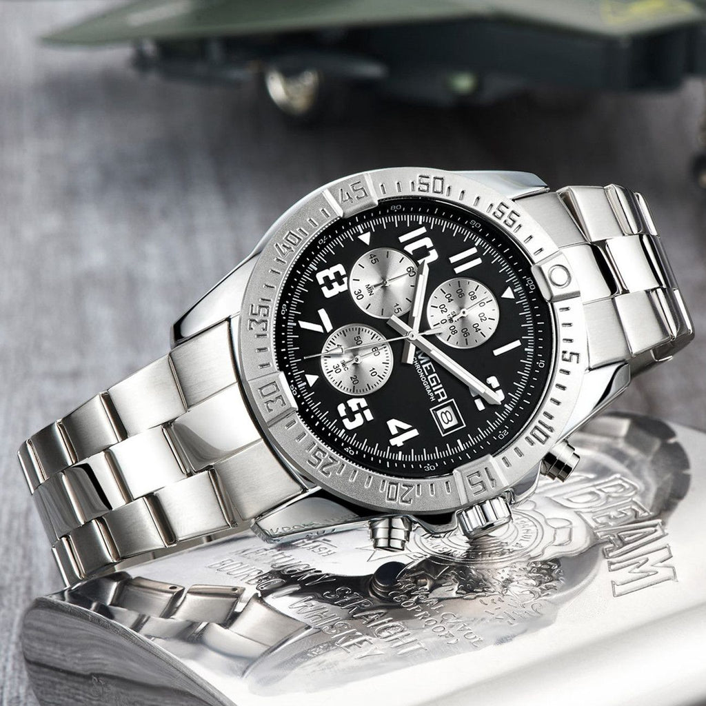 MEGIR 2030 men's chronograph watch, silver case with black dial and stainless steel bracelet, angled view