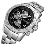 MEGIR 2030 men's chronograph watch, silver case with black dial and stainless steel bracelet, three-quarter view