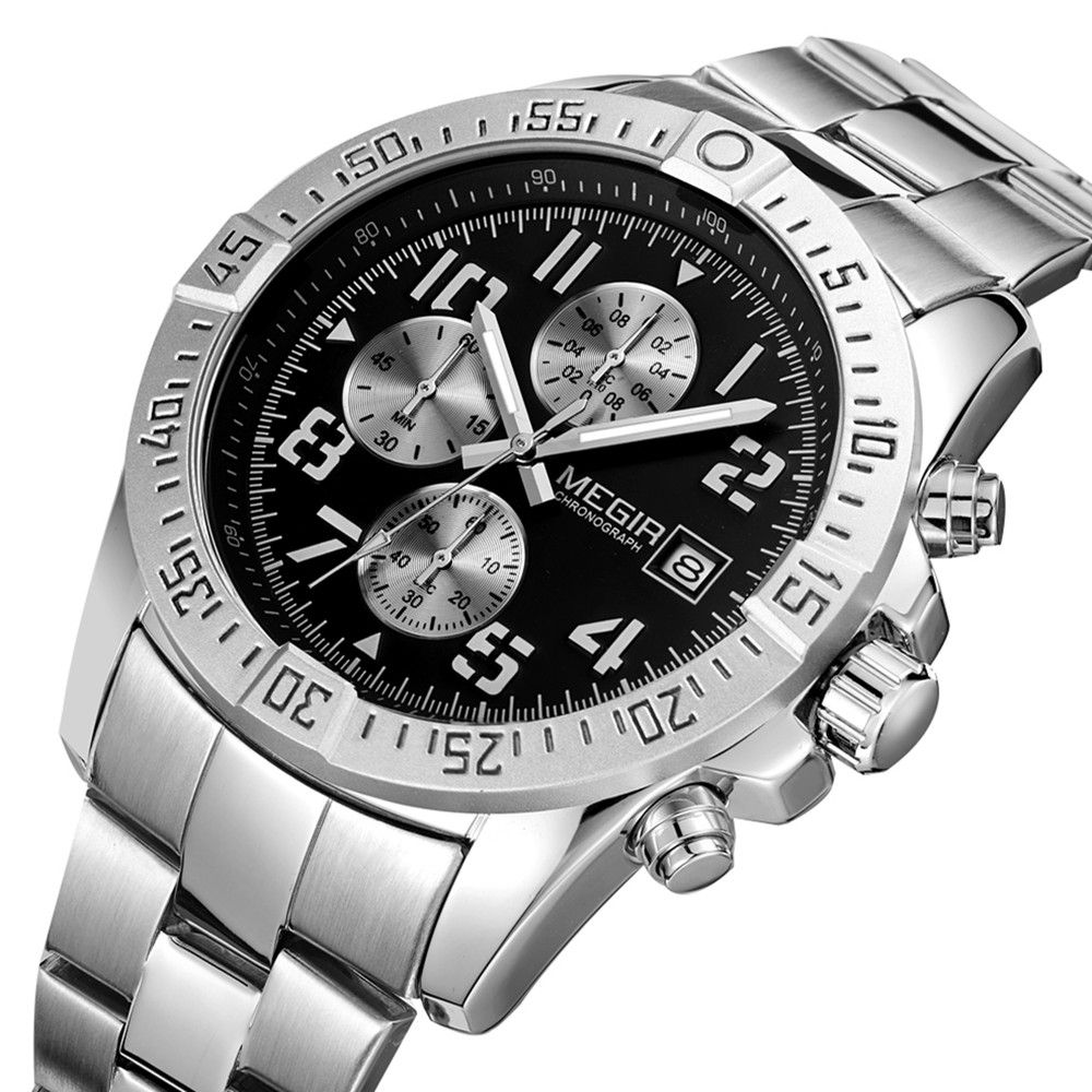 MEGIR 2030 men's chronograph watch, silver case with black dial and stainless steel bracelet, three-quarter view