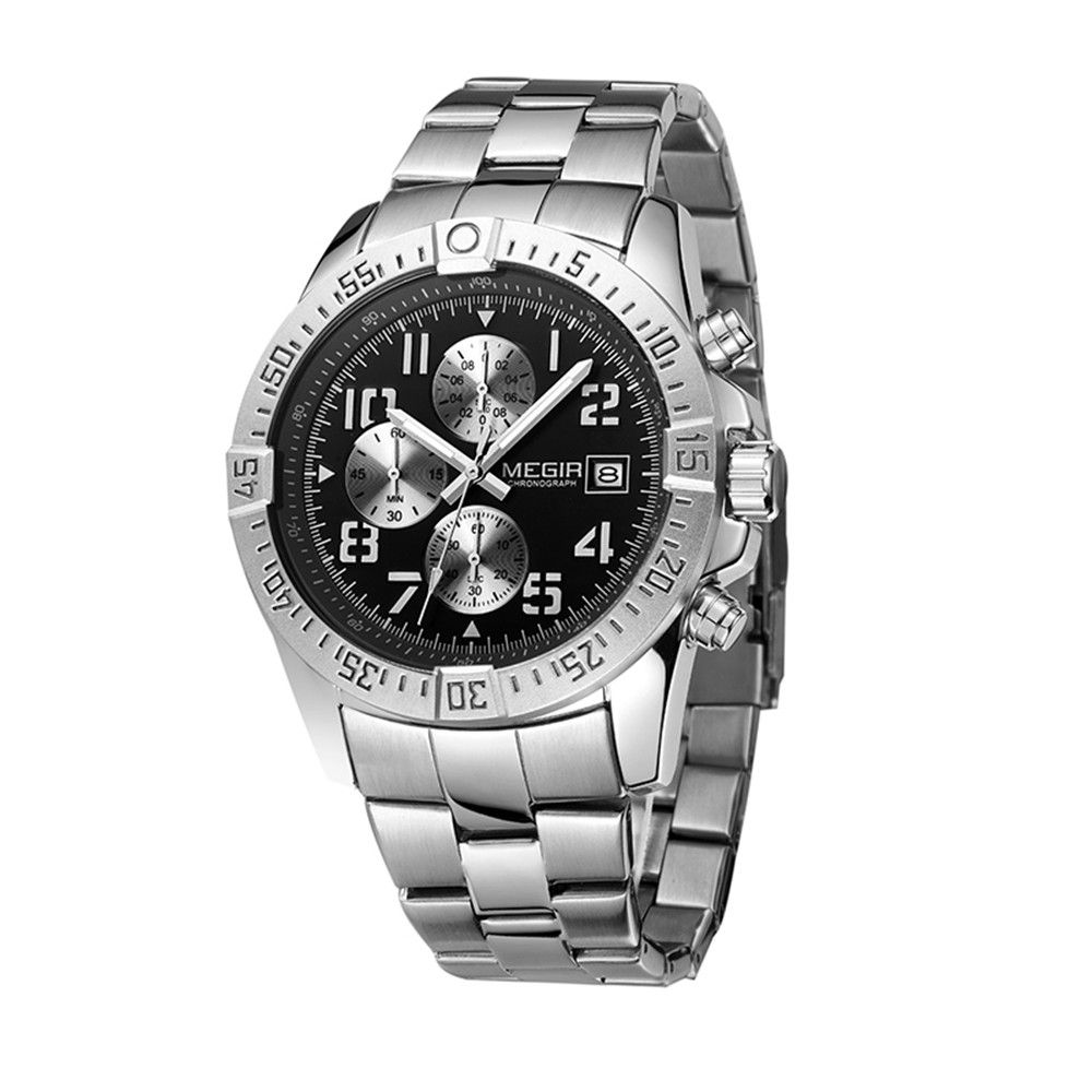 MEGIR 2030 men's chronograph watch, silver case with black dial and stainless steel bracelet, side angle view