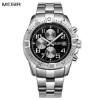 MEGIR 2030 men's chronograph watch, silver case with black dial and stainless steel bracelet, front studio view