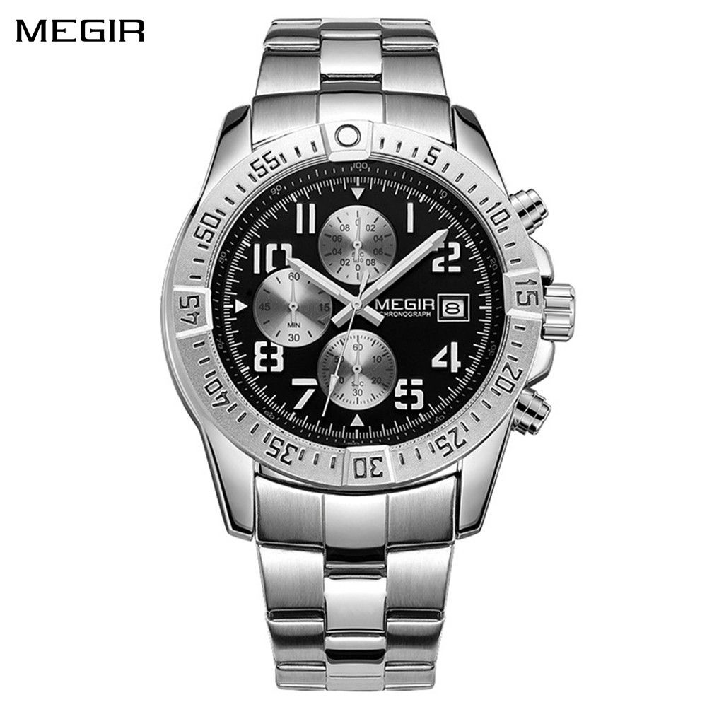 MEGIR 2030 men's chronograph watch, silver case with black dial and stainless steel bracelet, front studio view