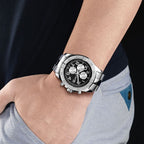 MEGIR 2030 men's chronograph watch on the wrist, silver case with black dial and stainless steel bracelet