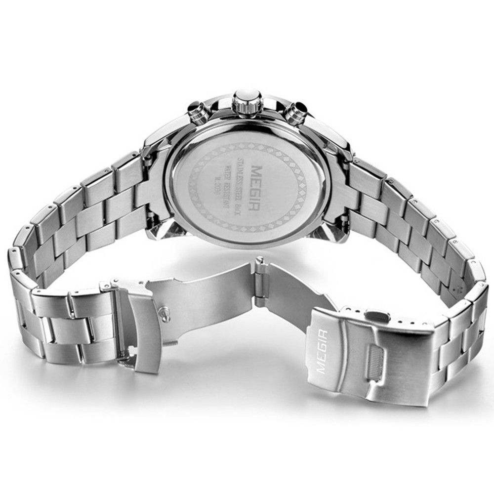 MEGIR 2030 men's chronograph watch caseback and stainless steel bracelet with fold-over clasp