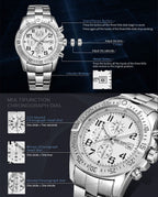 MEGIR 2030 men's chronograph watch operation graphic showing the start, crown, restart buttons and sub-dials