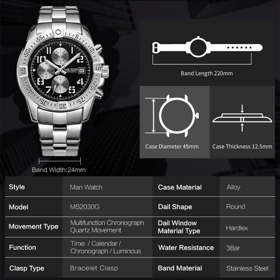 MEGIR 2030 men's chronograph watch parameters graphic with case diameter, thickness and band length