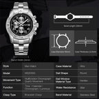 MEGIR 2030 men's chronograph watch parameters graphic with case diameter, thickness and band length