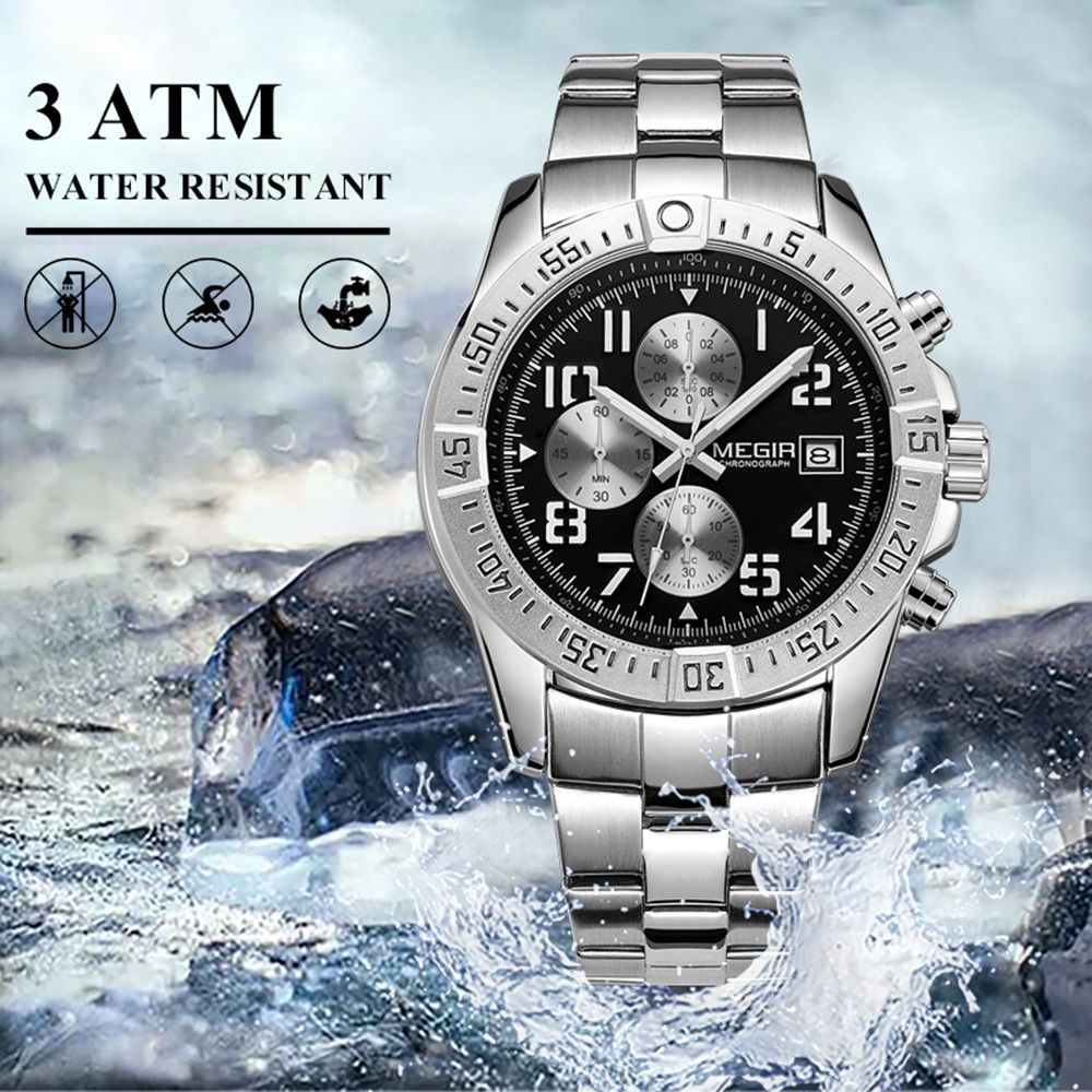 MEGIR 2030 men's chronograph watch water-resistance graphic noting no swimming or showering
