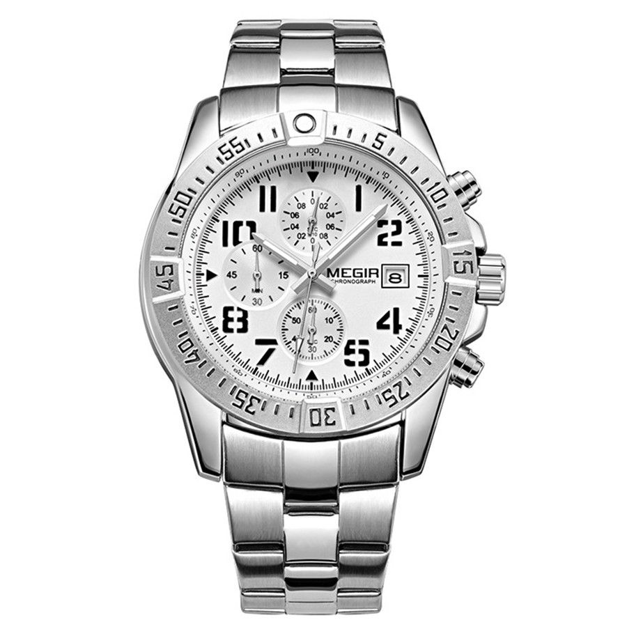 MEGIR 2030 men's chronograph watch, silver case with white dial and stainless steel bracelet, front view