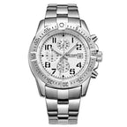 MEGIR 2030 men's chronograph watch, silver case with white dial and stainless steel bracelet, front view