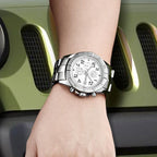 MEGIR 2030 men's chronograph watch on the wrist, silver case with white dial and stainless steel bracelet