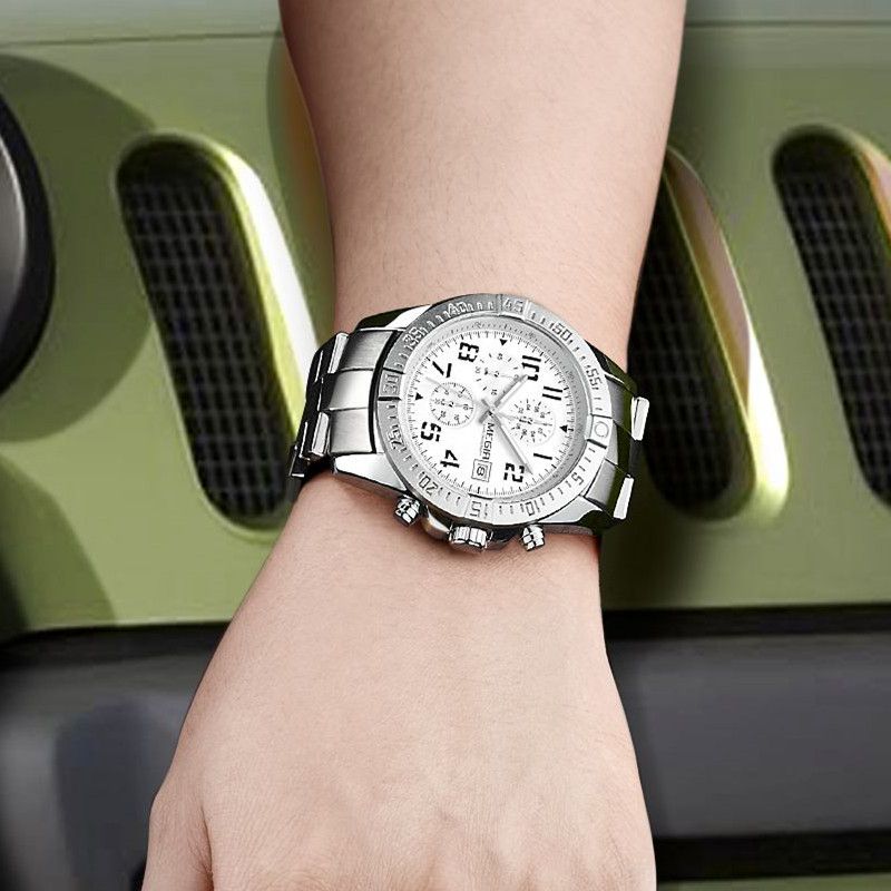 MEGIR 2030 men's chronograph watch on the wrist, silver case with white dial and stainless steel bracelet