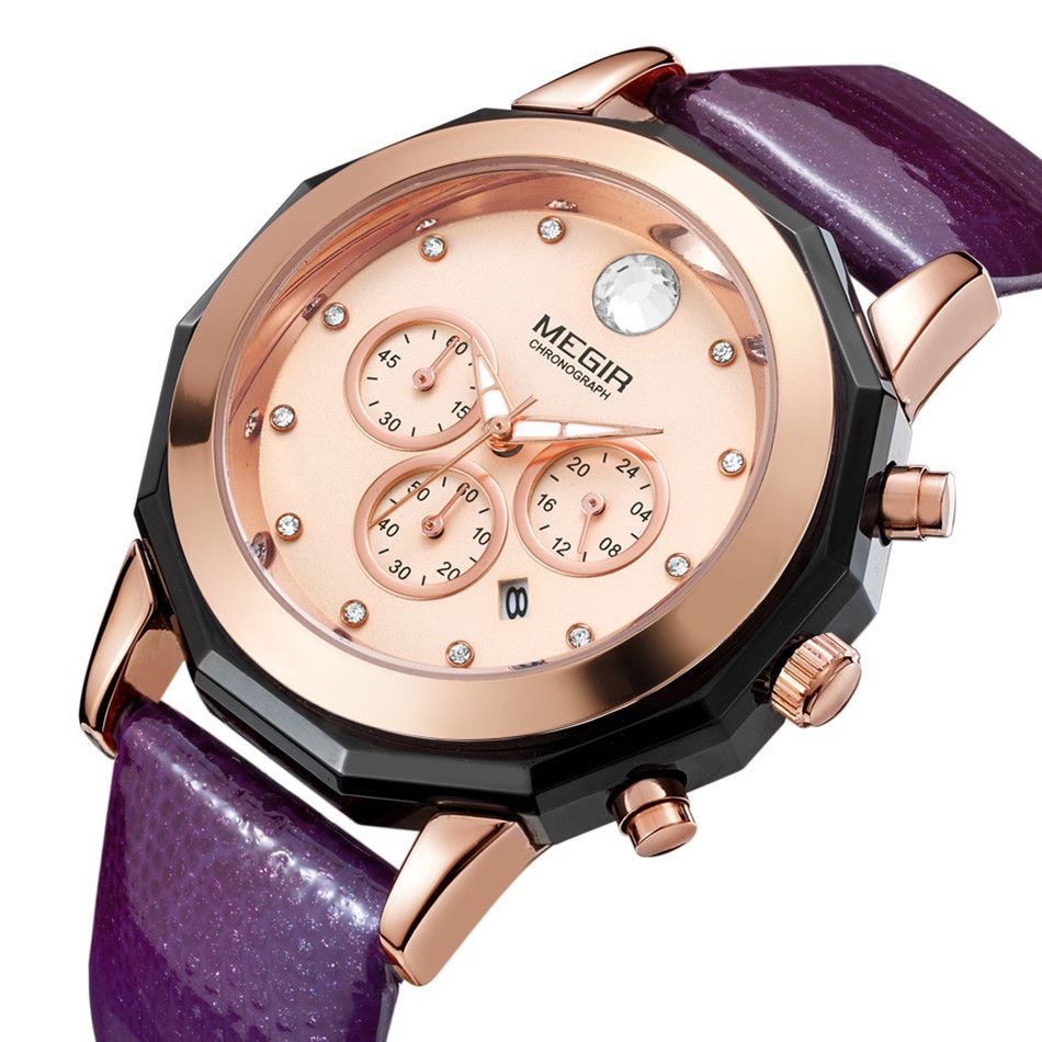 MEGIR 2042 women's chronograph watch, rose-gold dial with crystal markers and purple leather strap, angled view