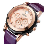 MEGIR 2042 women's chronograph watch, rose-gold dial with crystal markers and purple leather strap, angled view