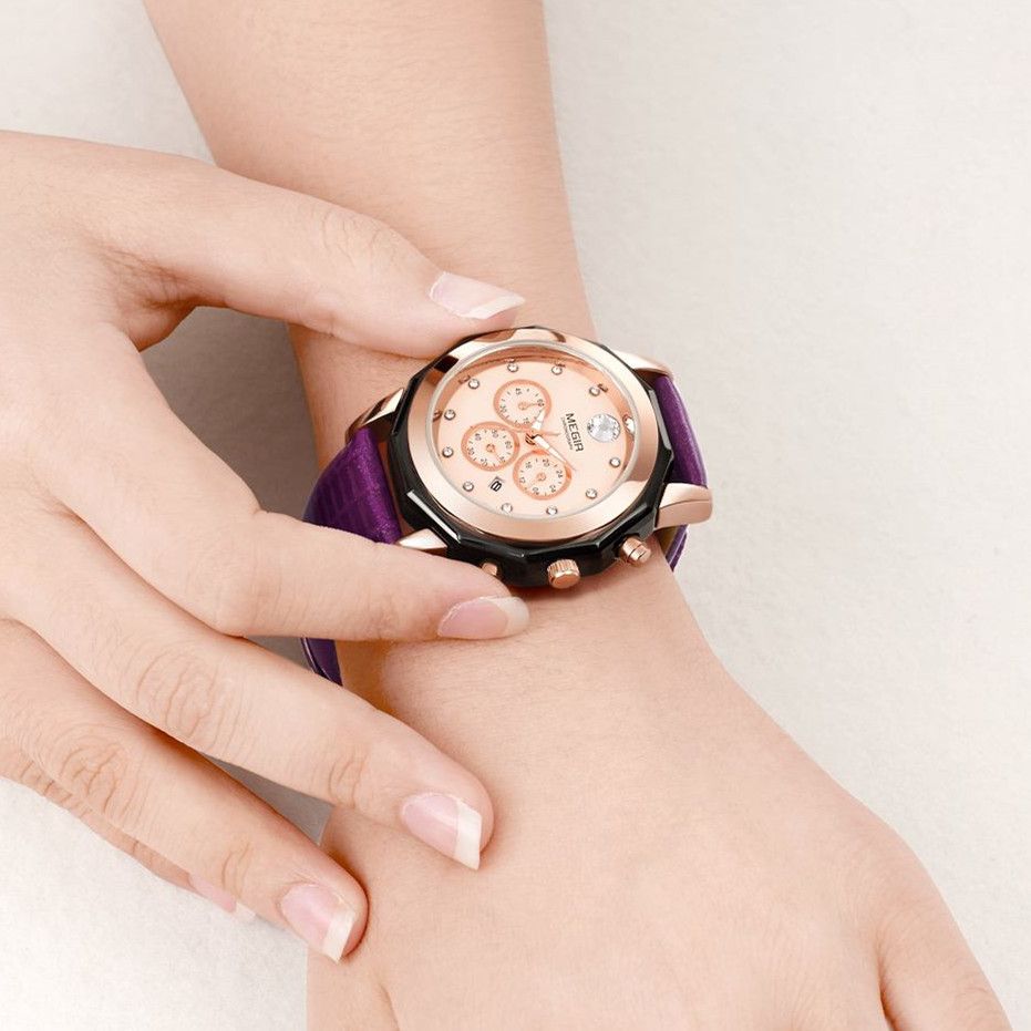 MEGIR 2042 women's chronograph watch on the wrist, rose-gold dial with crystal markers and purple leather strap