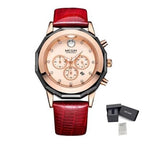 MEGIR 2042 women's chronograph watch, rose-gold dial with crystal markers and red leather strap, with gift box