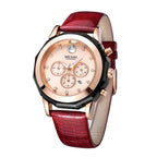 MEGIR 2042 women's chronograph watch, rose-gold dial with crystal markers and red leather strap, three-quarter view