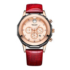 MEGIR 2042 women's chronograph watch, rose-gold dial with crystal markers and red leather strap, front view