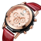 MEGIR 2042 women's chronograph watch, rose-gold dial with crystal markers and red leather strap, side angle view