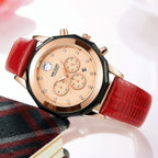 MEGIR 2042 women's chronograph watch, rose-gold dial with crystal markers and red leather strap, angled view