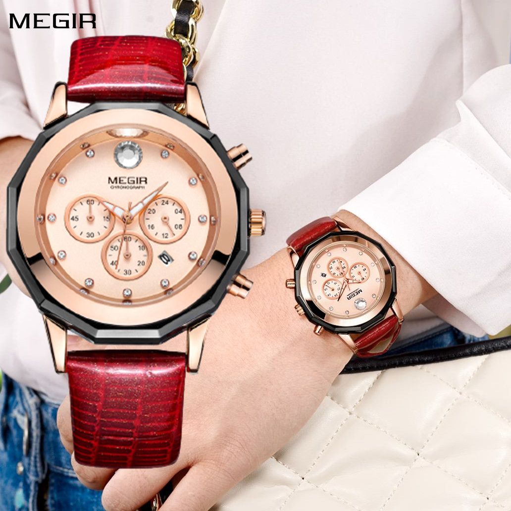 MEGIR 2042 women's chronograph watch on the wrist, rose-gold dial with crystal markers and red leather strap