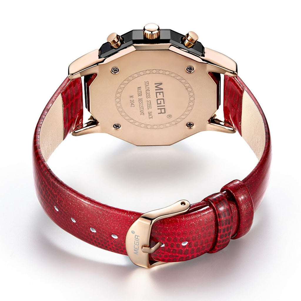 MEGIR 2042 women's chronograph watch caseback with engravings and red leather strap with rose-gold buckle